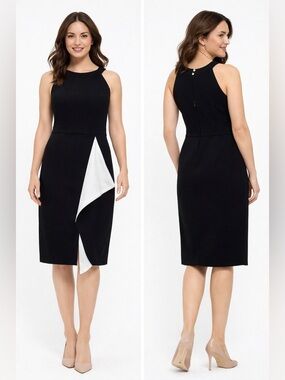 New York & Co Stretch Black Midi Dress Sleeveless Asymmetrical Overlay WMN SZ S